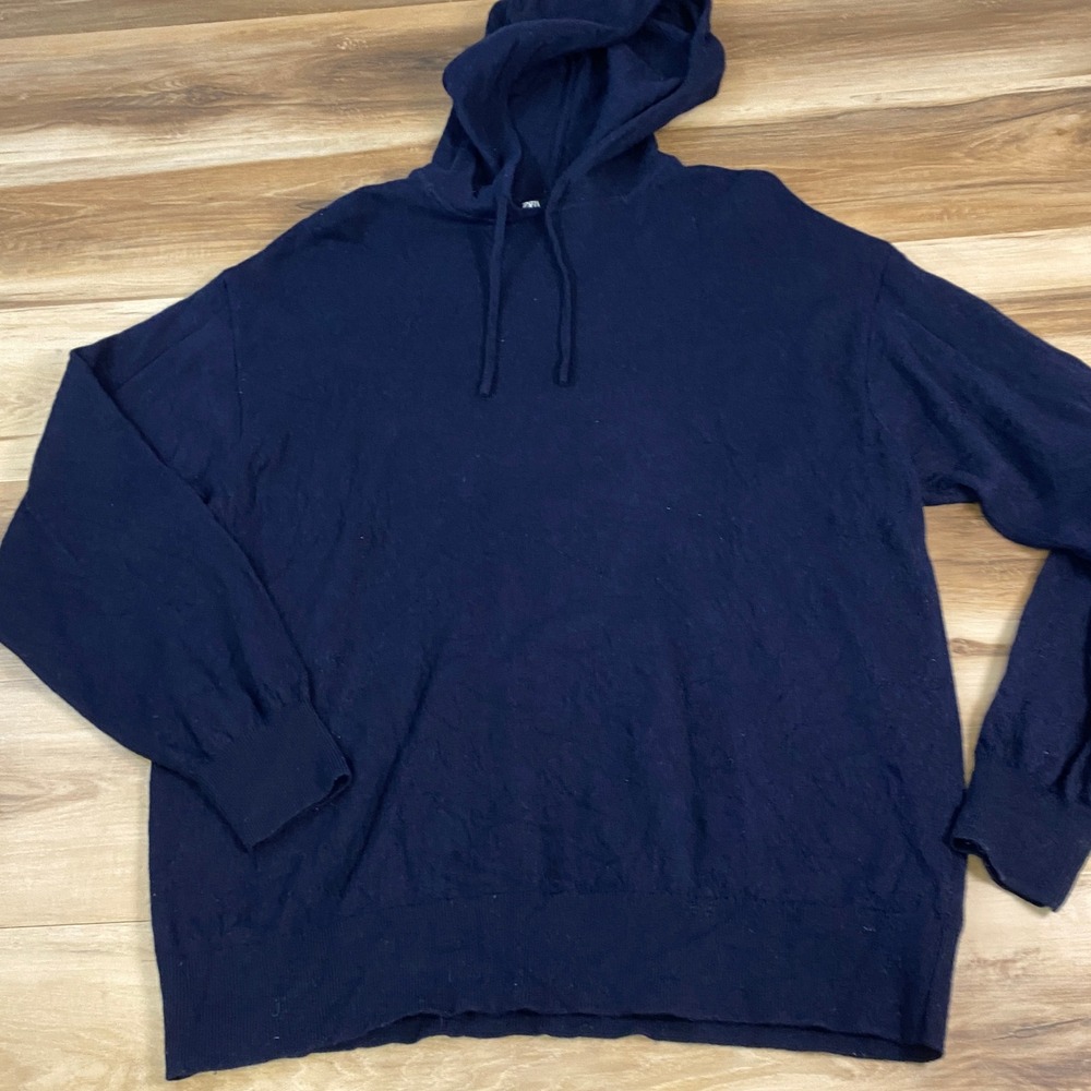 Zara Knit Hoodie Mens XL 100% Wool Pullover Sweater Navy Blue Casual